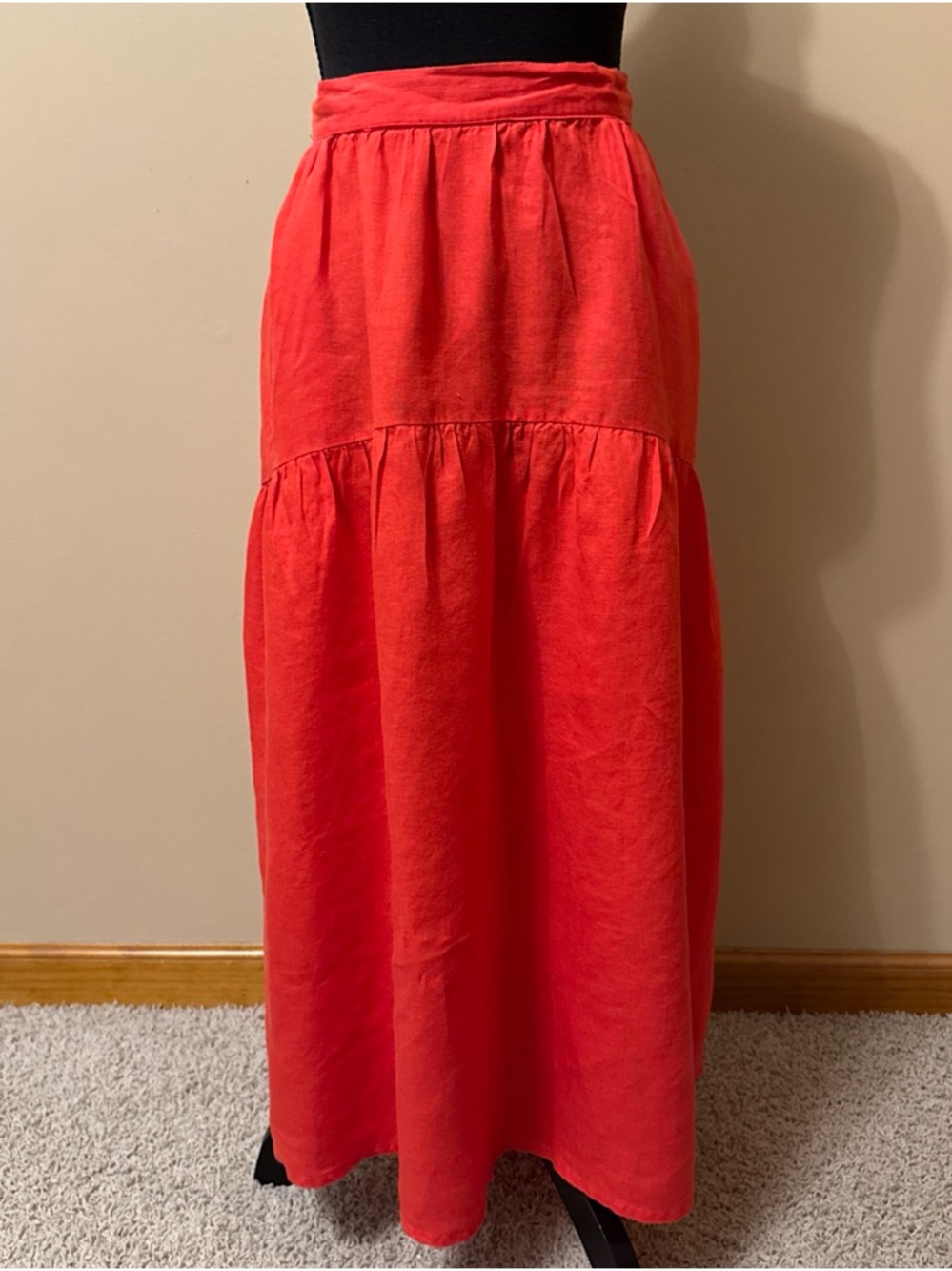 Joie Vibrant Linen Coral Tiered Maxi Skirt